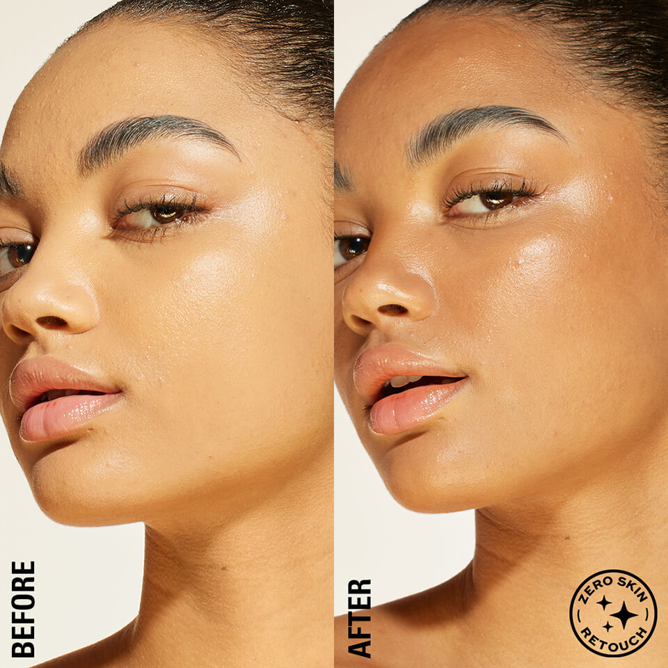 A before & after image of model wearing bronzing drops, no skin retouch